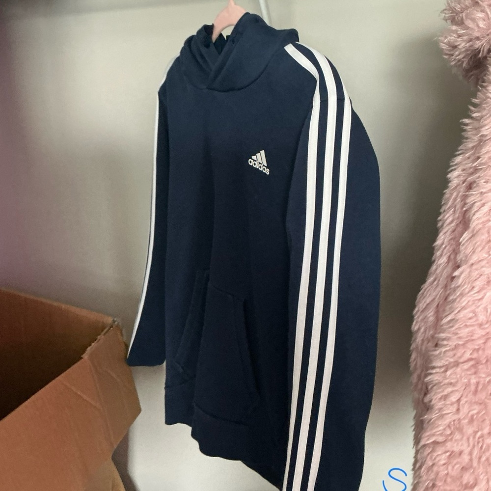 Adidas Men's Dark Blue Hoodie with White Stripes